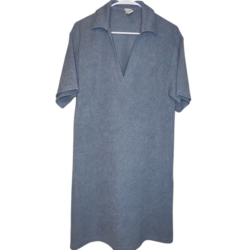 HM Blue Ribbed Knit Polo Dress Short Sleeve V-Neck Midi Size M 268935 - Picture 12 of 12
